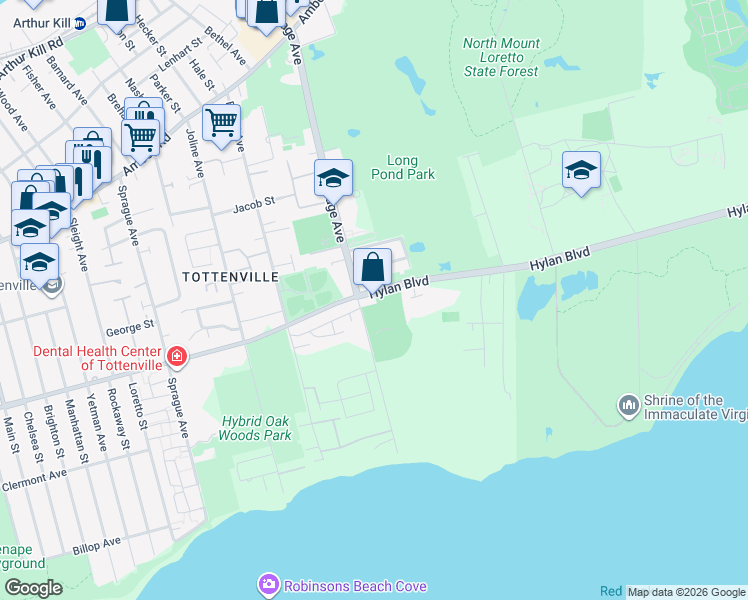 map of restaurants, bars, coffee shops, grocery stores, and more near 6778 Hylan Boulevard in Staten Island