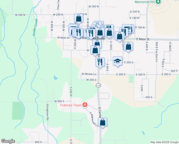map of restaurants, bars, coffee shops, grocery stores, and more near 82 West 300 South in Midway