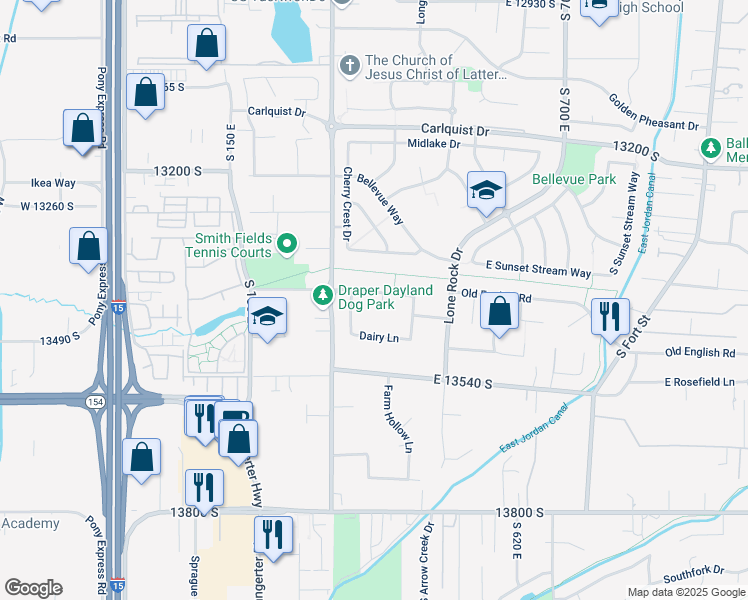 map of restaurants, bars, coffee shops, grocery stores, and more near 13409 Dairy Lane in Draper
