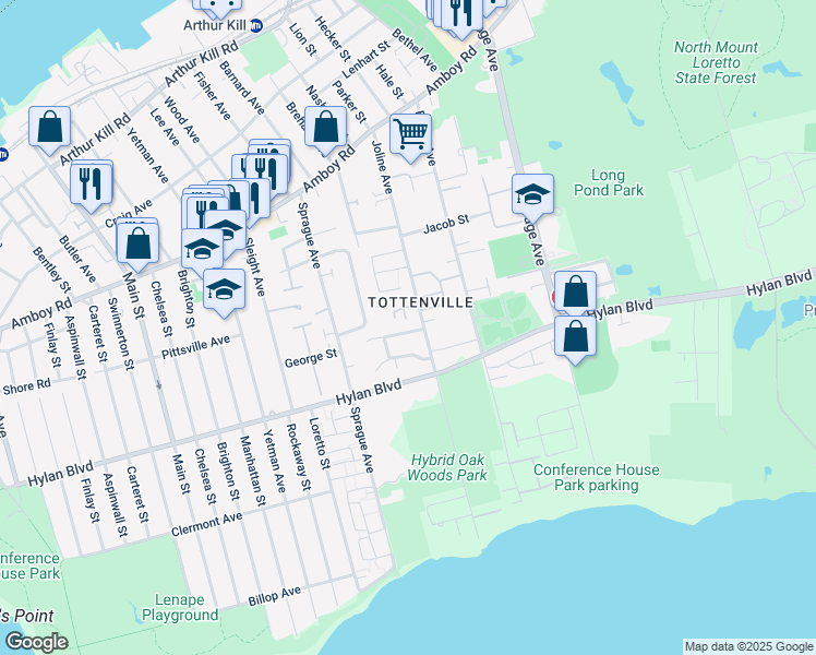 map of restaurants, bars, coffee shops, grocery stores, and more near 25 Adlers Lane in Staten Island