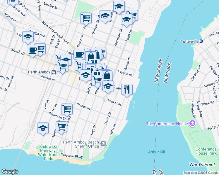 map of restaurants, bars, coffee shops, grocery stores, and more near in Perth Amboy