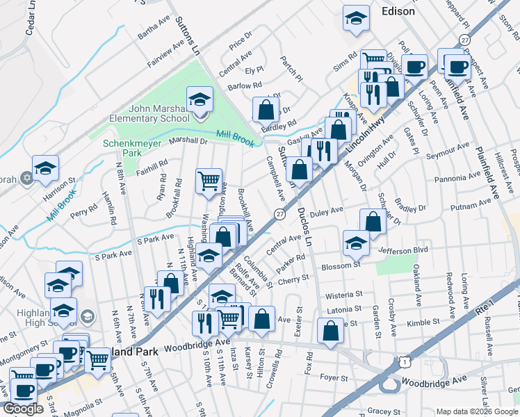 map of restaurants, bars, coffee shops, grocery stores, and more near 7 Highway Terrace in Edison