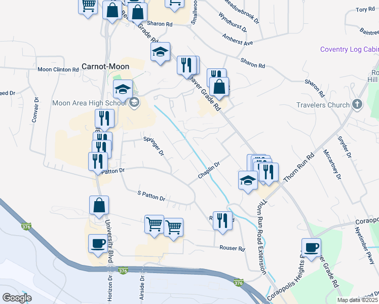 map of restaurants, bars, coffee shops, grocery stores, and more near 1632 Forest Green Drive in Carnot-Moon