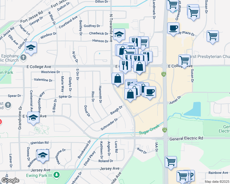 map of restaurants, bars, coffee shops, grocery stores, and more near 209 Towanda Avenue in Normal