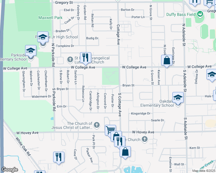 map of restaurants, bars, coffee shops, grocery stores, and more near 1606 Bryan Street in Normal
