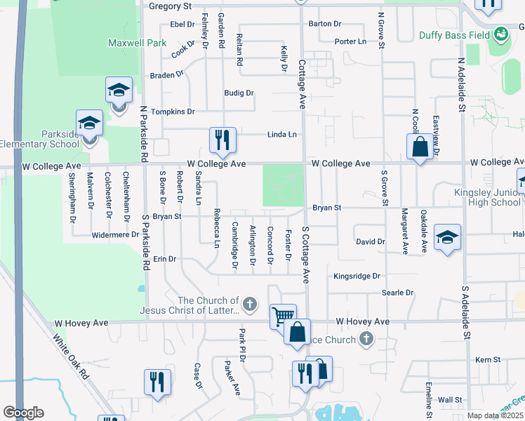 map of restaurants, bars, coffee shops, grocery stores, and more near 1616 Bryan Street in Normal