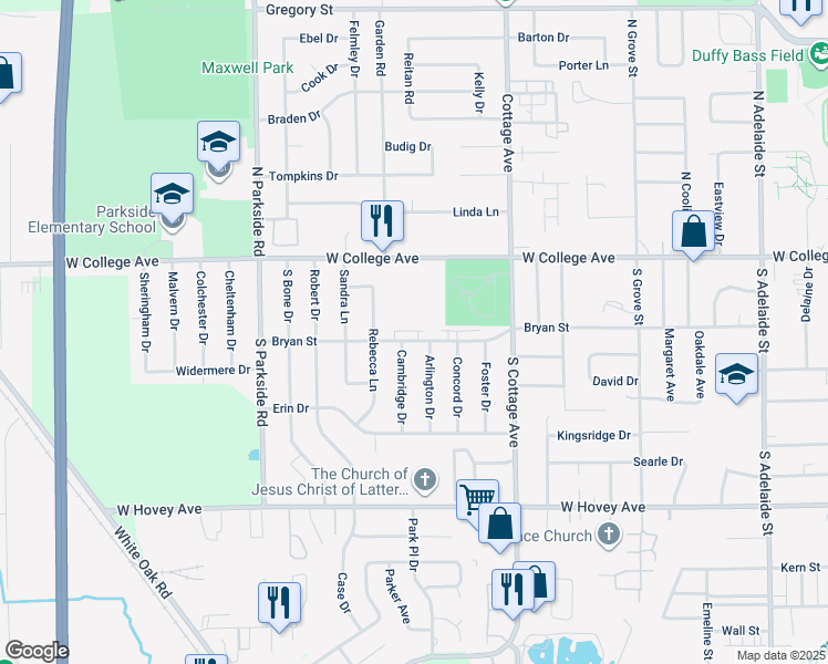 map of restaurants, bars, coffee shops, grocery stores, and more near 1616 Bryan Street in Normal