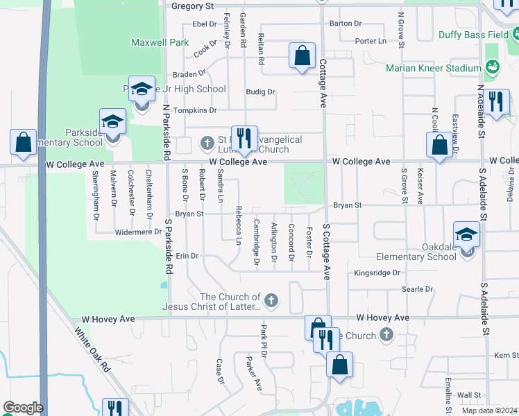 map of restaurants, bars, coffee shops, grocery stores, and more near 1626 Bryan Street in Normal
