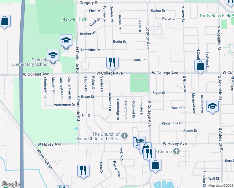 map of restaurants, bars, coffee shops, grocery stores, and more near 1626 Bryan Street in Normal