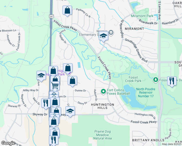 map of restaurants, bars, coffee shops, grocery stores, and more near 420 Huntington Hills Drive in Fort Collins