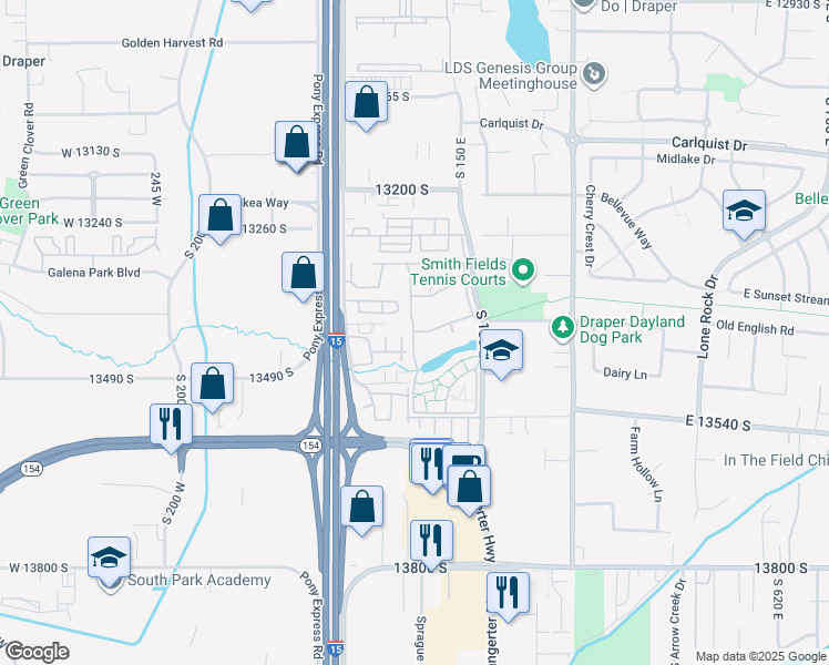 map of restaurants, bars, coffee shops, grocery stores, and more near Ensign Point Lane in Draper