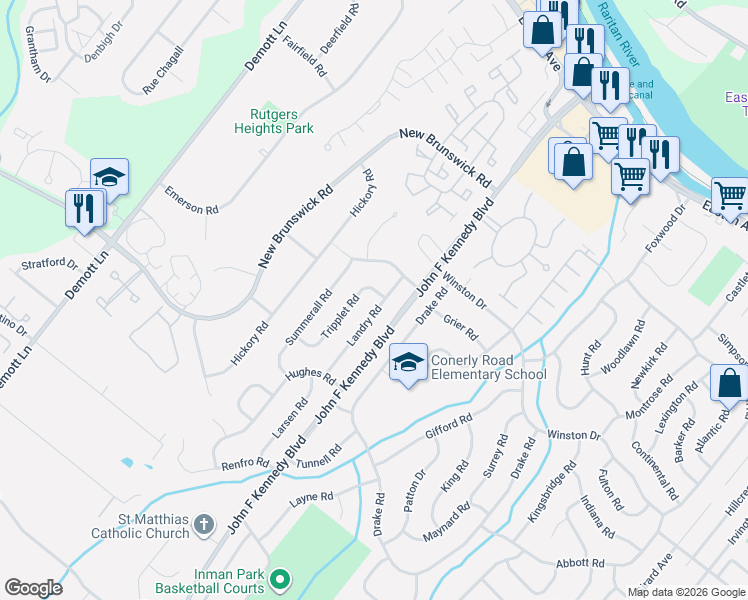 map of restaurants, bars, coffee shops, grocery stores, and more near 1 Tripplet Road in Franklin Township