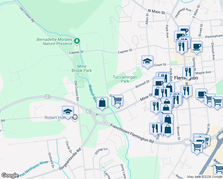 map of restaurants, bars, coffee shops, grocery stores, and more near 19 Shields Avenue in Flemington