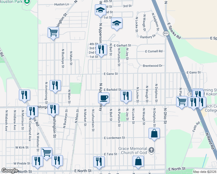 map of restaurants, bars, coffee shops, grocery stores, and more near 2211 North Bell Street in Kokomo