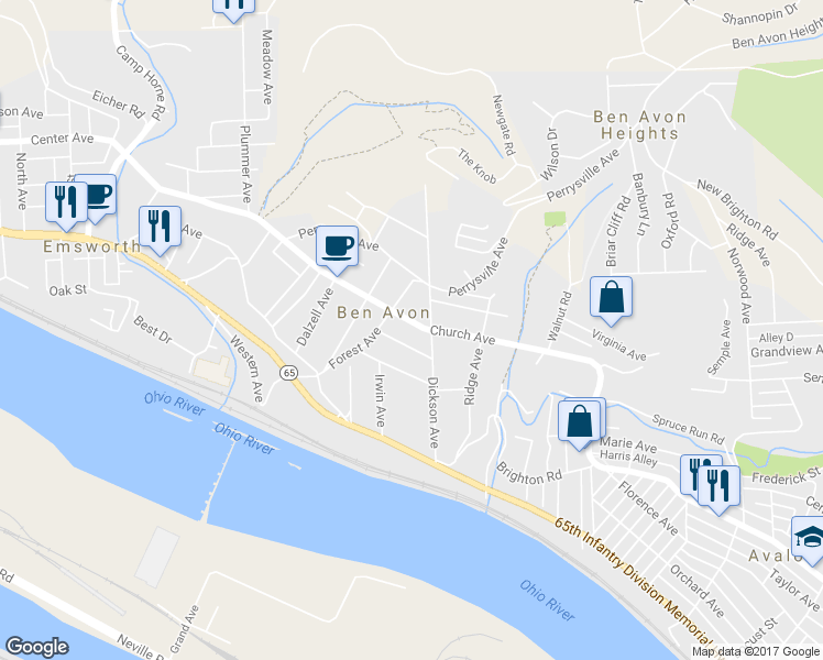 map of restaurants, bars, coffee shops, grocery stores, and more near 7015 Church Ave in Pittsburgh