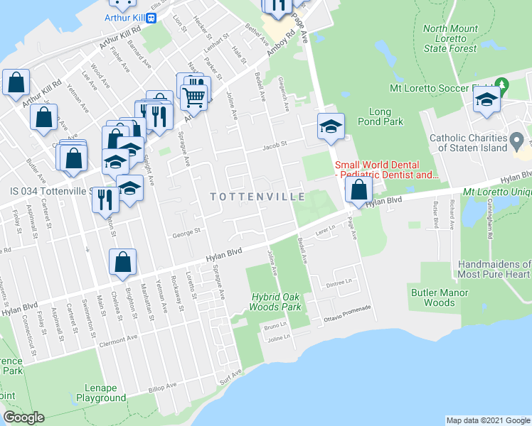 map of restaurants, bars, coffee shops, grocery stores, and more near 223 Joline Avenue in Staten Island