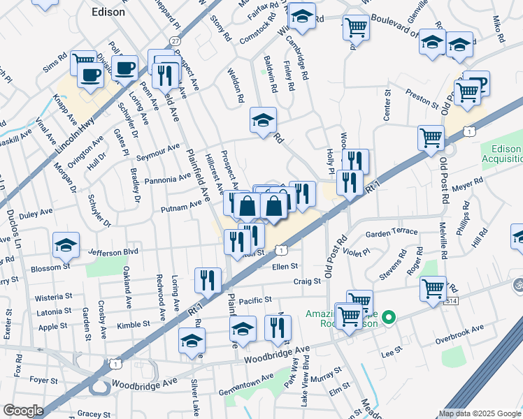 map of restaurants, bars, coffee shops, grocery stores, and more near 100 Keystone Court in Edison