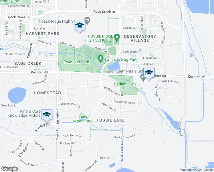 map of restaurants, bars, coffee shops, grocery stores, and more near 3414 Muskrat Creek Drive in Fort Collins