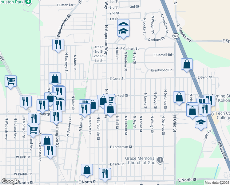 map of restaurants, bars, coffee shops, grocery stores, and more near 2211 North Bell Street in Kokomo