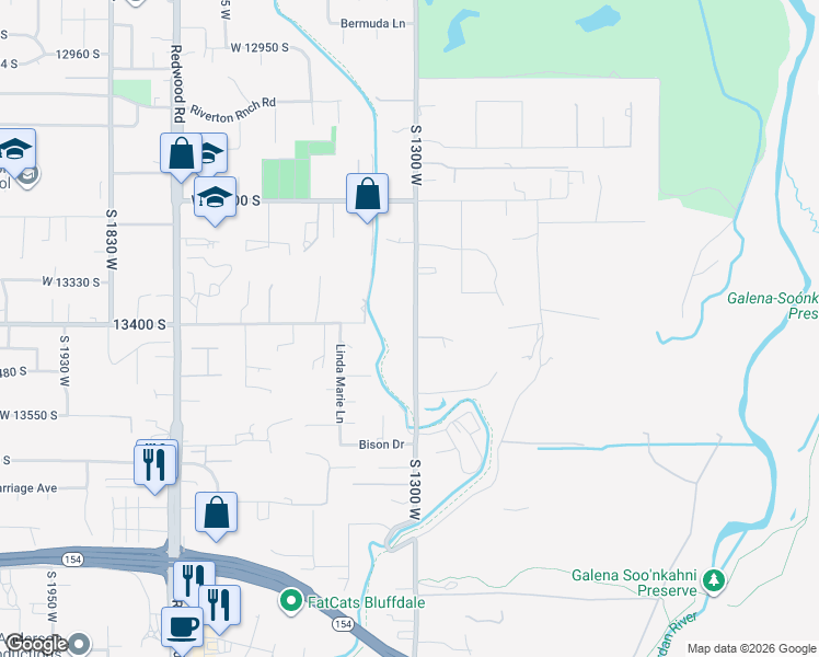 map of restaurants, bars, coffee shops, grocery stores, and more near 13408 South 1300 West in Riverton