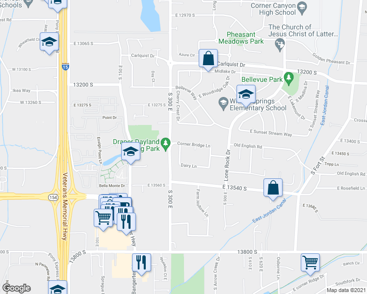 map of restaurants, bars, coffee shops, grocery stores, and more near 13409 Dairy Lane in Draper