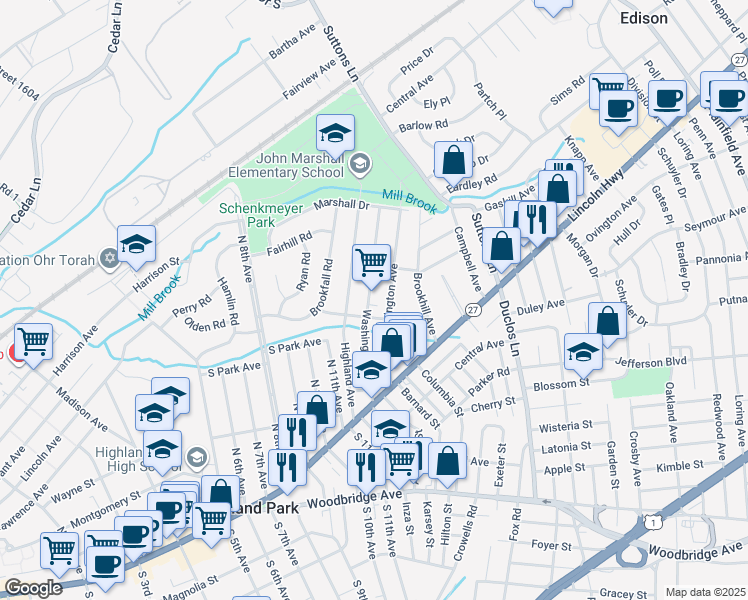 map of restaurants, bars, coffee shops, grocery stores, and more near 151 Washington Avenue in Edison