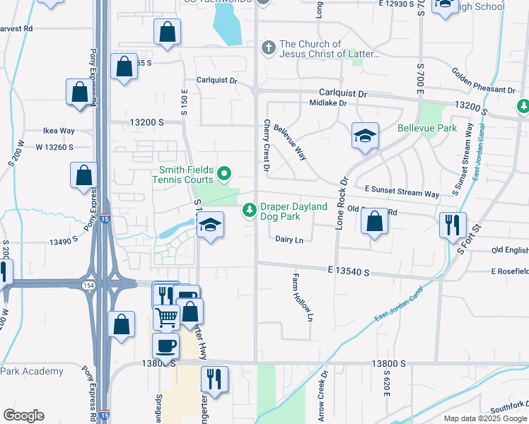 map of restaurants, bars, coffee shops, grocery stores, and more near 13408 Dairy Lane in Draper