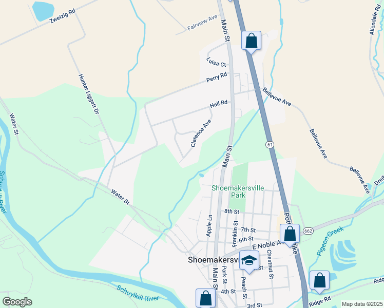 map of restaurants, bars, coffee shops, grocery stores, and more near 70 Clarence Avenue in Shoemakersville