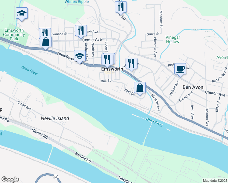 map of restaurants, bars, coffee shops, grocery stores, and more near 200 Cliffside Manor in Emsworth