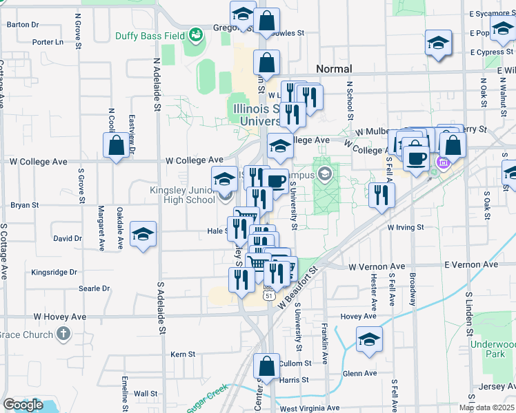 map of restaurants, bars, coffee shops, grocery stores, and more near 309 South Main Street in Normal
