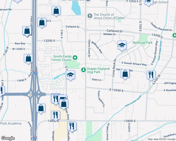 map of restaurants, bars, coffee shops, grocery stores, and more near 13408 Dairy Lane in Draper