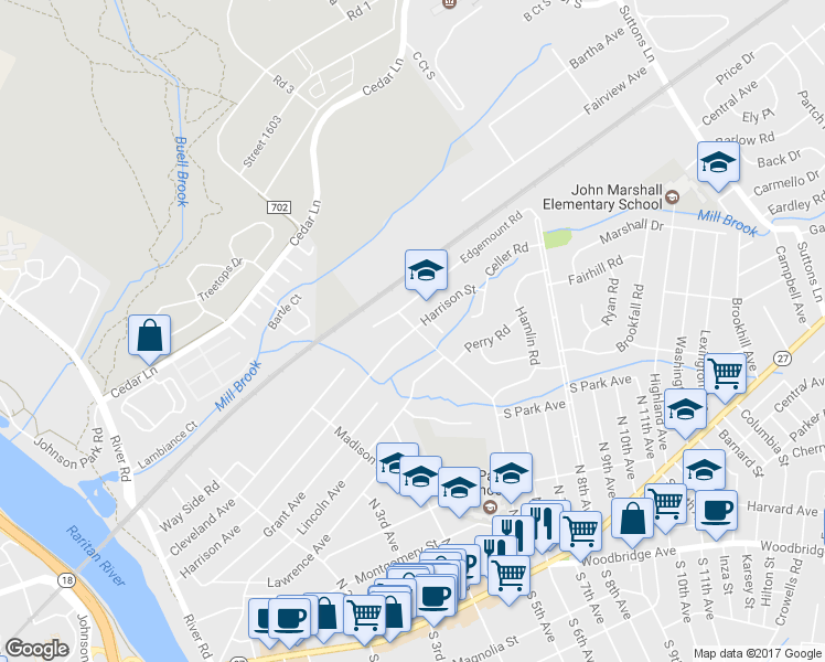 map of restaurants, bars, coffee shops, grocery stores, and more near 498 Harrison Avenue in Highland Park
