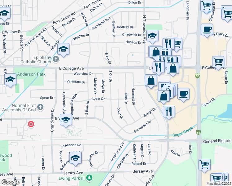 map of restaurants, bars, coffee shops, grocery stores, and more near 124 South Orr Drive in Normal