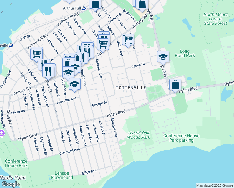 map of restaurants, bars, coffee shops, grocery stores, and more near 65 Adlers Lane in Staten Island