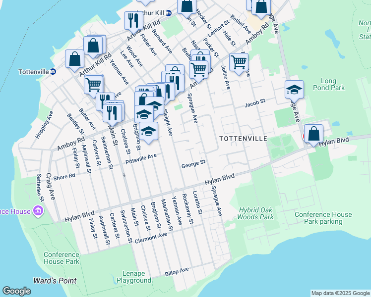 map of restaurants, bars, coffee shops, grocery stores, and more near 405 Sleight Avenue in Staten Island