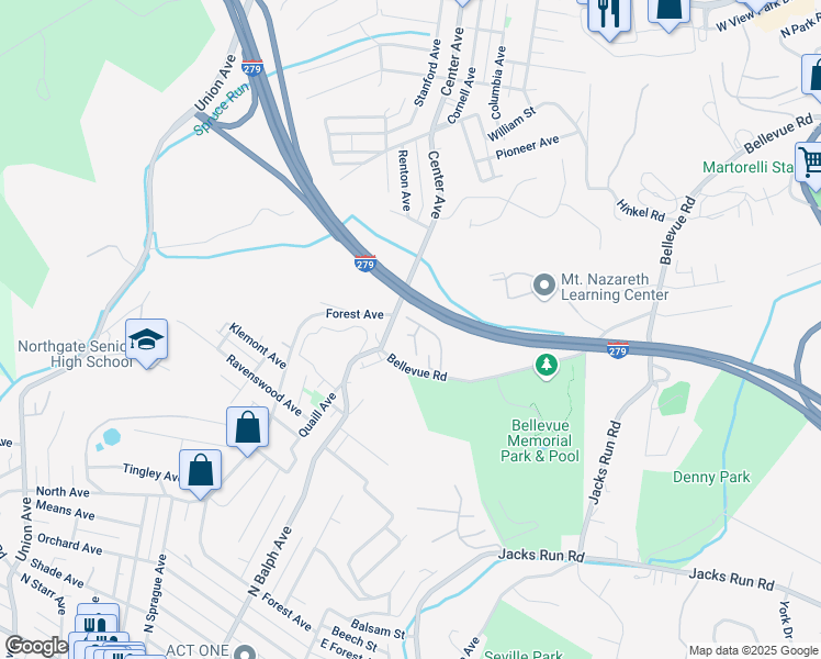 map of restaurants, bars, coffee shops, grocery stores, and more near 701 Bellwood Drive in Pittsburgh