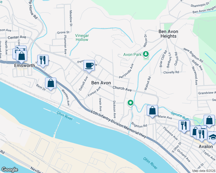 map of restaurants, bars, coffee shops, grocery stores, and more near 7015 Church Avenue in Pittsburgh