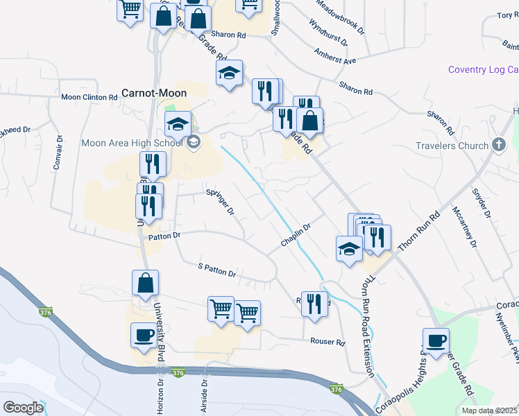 map of restaurants, bars, coffee shops, grocery stores, and more near 1632 Forest Green Drive in Carnot-Moon