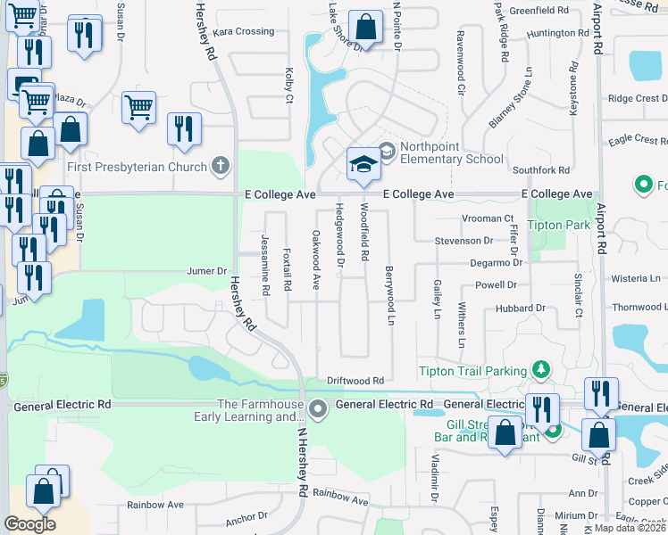 map of restaurants, bars, coffee shops, grocery stores, and more near 2201 Hedgewood Drive in Bloomington
