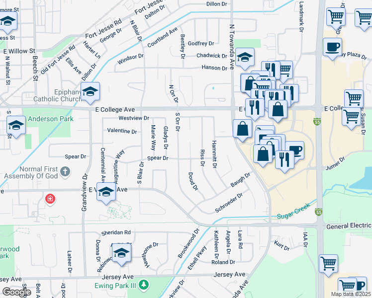 map of restaurants, bars, coffee shops, grocery stores, and more near 124 South Orr Drive in Normal