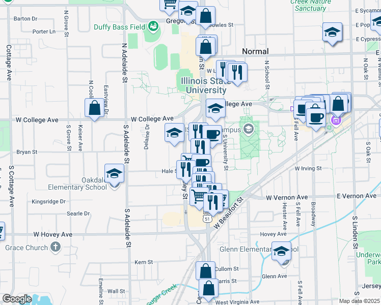 map of restaurants, bars, coffee shops, grocery stores, and more near 402 Kingsley Street in Normal