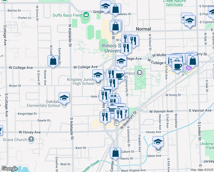 map of restaurants, bars, coffee shops, grocery stores, and more near 402 Kingsley Street in Normal
