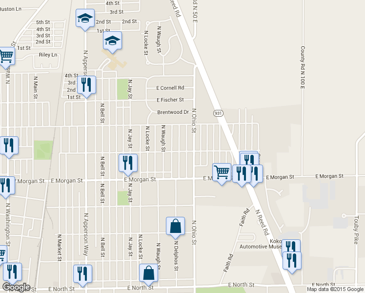 map of restaurants, bars, coffee shops, grocery stores, and more near 2206 North Delphos Street in Kokomo
