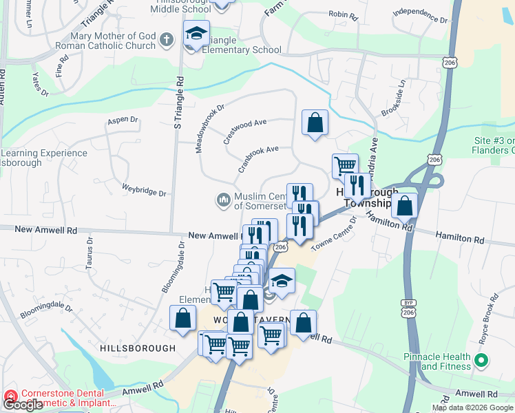 map of restaurants, bars, coffee shops, grocery stores, and more near 104 Meadowbrook Drive in Somerset County