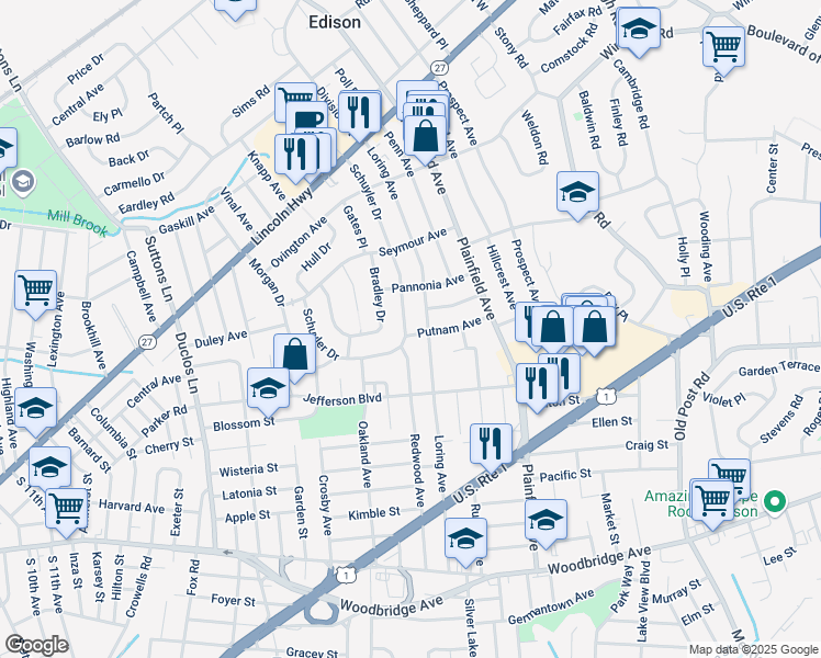 map of restaurants, bars, coffee shops, grocery stores, and more near 65 Schuyler Drive in Edison