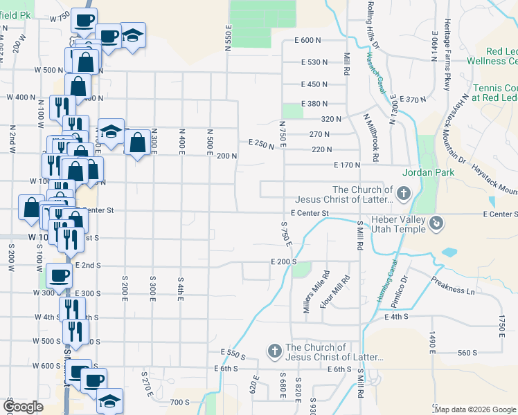 map of restaurants, bars, coffee shops, grocery stores, and more near 654 East Center Street in Heber City