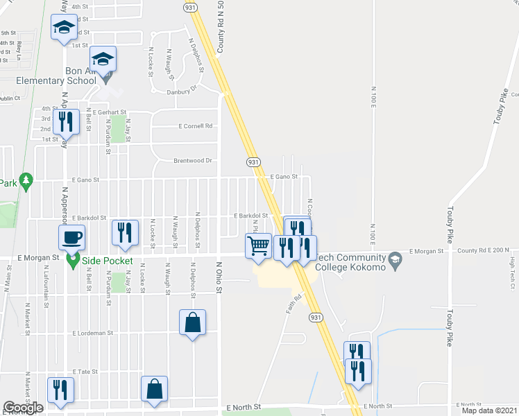 map of restaurants, bars, coffee shops, grocery stores, and more near 2210 North Plate Street in Kokomo