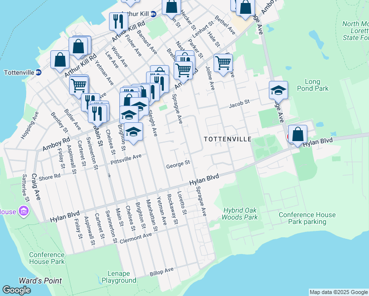 map of restaurants, bars, coffee shops, grocery stores, and more near 16 Petunia Court in Staten Island