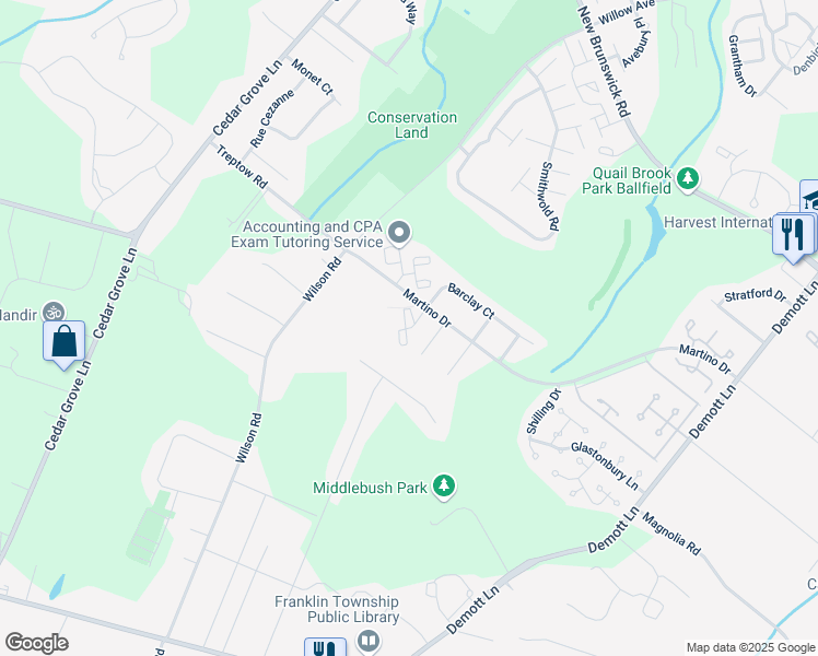 map of restaurants, bars, coffee shops, grocery stores, and more near 444 Windsor Court in Hillsborough Township