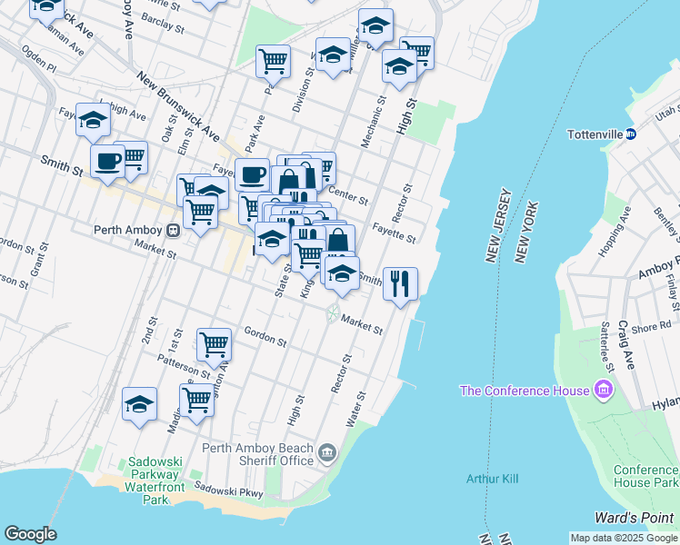 map of restaurants, bars, coffee shops, grocery stores, and more near in Perth Amboy